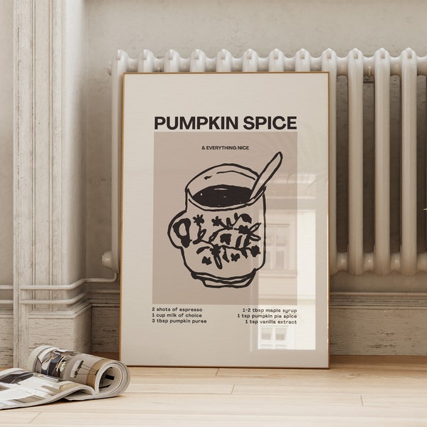 Pumpkin Spice Recipe Print | Winter Drinks Wall Art | Trendy Autumn Seasonal Printable | Kitchen Cafe Tea Cup Wall Art | Digital Download