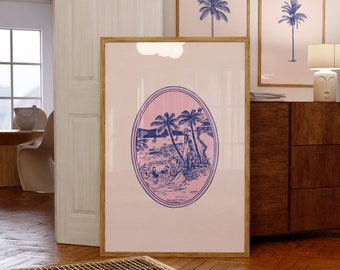 Conjunto de impresiones tropicales vintage: Arte mural de palmeras rosas y azules (descarga digital)