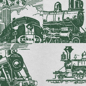 Set of 10 horizontal and vertical retro halftone train prints in green. Vintage railroad train illustrations. Perfect for a girls or boys nursery, kids room, or railroad transportation enthusiast.