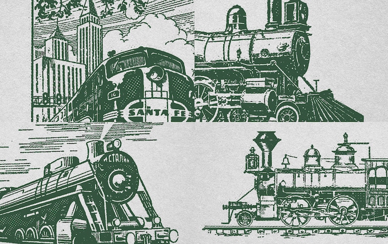 Set of 10 horizontal and vertical retro halftone train prints in green. Vintage railroad train illustrations. Perfect for a girls or boys nursery, kids room, or railroad transportation enthusiast.