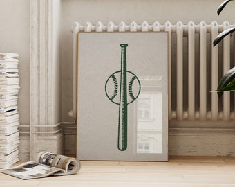 May include: A green baseball bat and ball graphic on a beige background. The graphic is in a vintage style.