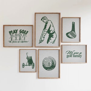 Vintage vertical golf print. Illustration of a green golf ball. Retro halftone look on an off white old looking paper texture. Perfect for kids room, boys or girls nurseries, or sports and golf enthusiasts.