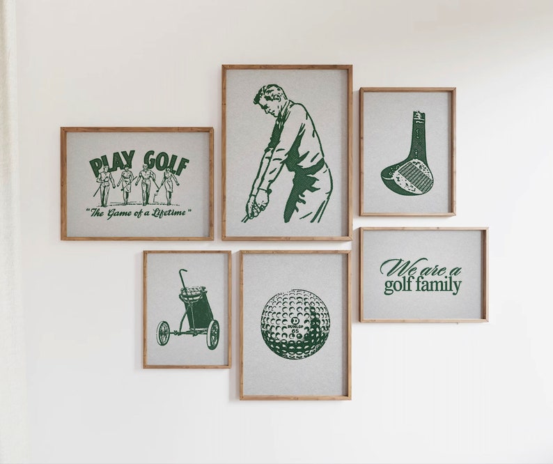 Vintage vertical golf print. Illustration of a green golf ball. Retro halftone look on an off white old looking paper texture. Perfect for kids room, boys or girls nurseries, or sports and golf enthusiasts.