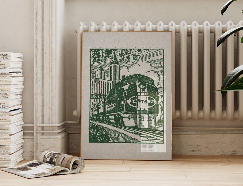 Set of 10 horizontal and vertical retro halftone train prints in green. Vintage railroad train illustrations. Perfect for a girls or boys nursery, kids room, or railroad transportation enthusiast.