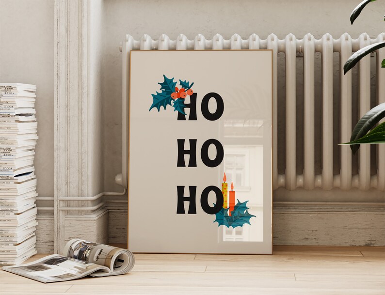 Cartel navideño moderno de mediados de siglo / Ho Ho Ho Navidad imprimible arte de pared / tipografía decoración navideña / ArtSaltPlace Descarga digital imagen 1