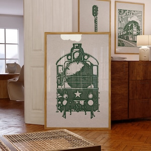 Set of 10 horizontal and vertical retro halftone train prints in green. Vintage railroad train illustrations. Perfect for a girls or boys nursery, kids room, or railroad transportation enthusiast.