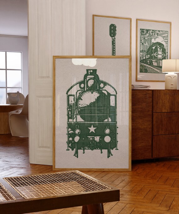 Vintage Green Train Prints: Retro Nursery Art, Set of 10 (Digital Download)