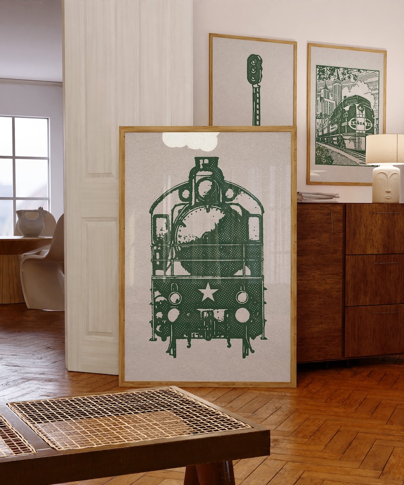 Set of 10 horizontal and vertical retro halftone train prints in green. Vintage railroad train illustrations. Perfect for a girls or boys nursery, kids room, or railroad transportation enthusiast.