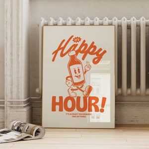 Happy Hour afdrukbaar in retro oranje | Bar kar kunst aan de muur decor | Vintage geïnspireerde fles poster | ArtSaltPlace digitale download