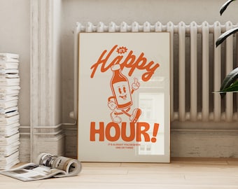 Happy Hour Printable in Retro Orange | Bar Cart Wall Art Decor | Vintage Inspired Bottle Poster | ArtSaltPlace Digital Download