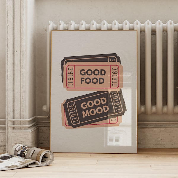 Trendy Kitchen Print | Retro Wall Art | Good Food Good Mood Ticket | Modern Dining Room Poster | ArtSaltPlace Printable Digital Download