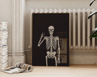 Skeleton Peace Sign Print: Funny Halloween Skull Decor (Digital Download)