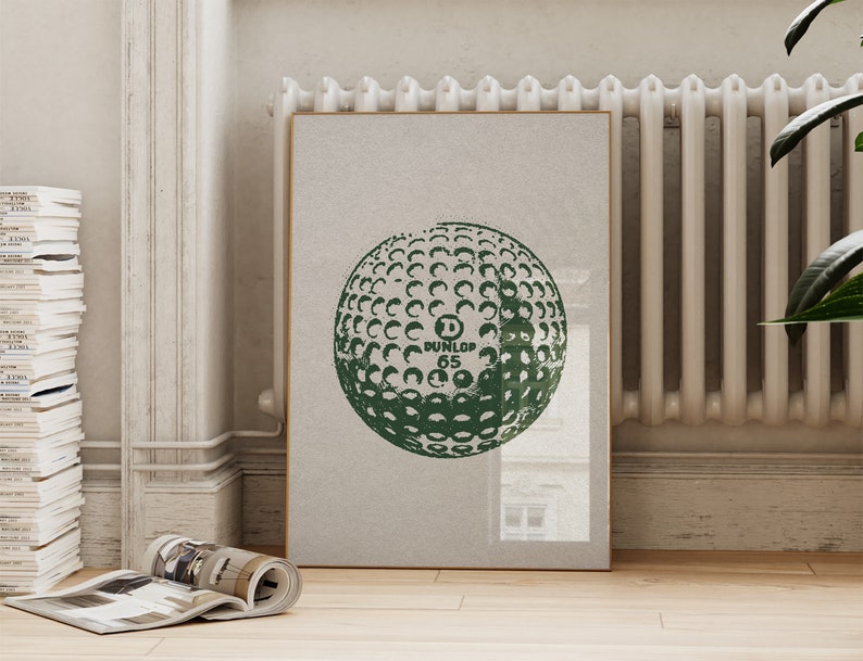 Vintage vertical golf print. Illustration of a green golf ball. Retro halftone look on an off white old looking paper texture. Perfect for kids room, boys or girls nurseries, or sports and golf enthusiasts.