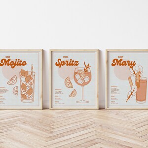 Bar Warenkorb Wand Kunst Galerie Wand | Aperol Spritz Druck | Vintage Inspirierter Mojito Druck | Bloody Mary Zeichen | 3er Set Cocktailglas Poster