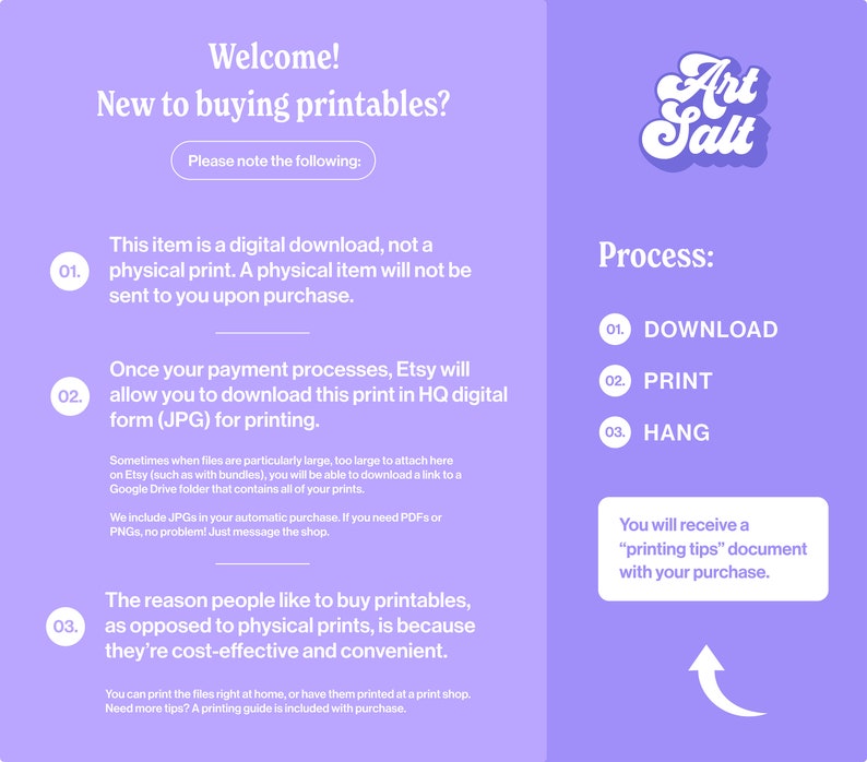 May include: A purple and white graphic with the text "Welcome! New to buying printables? Please note the following:" and a list of three steps for buying digital printables. The graphic also includes the text "Art Salt" in a stylized font.