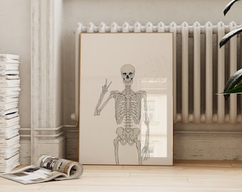 Funny Halloween Decor | Peace Sign Skeleton Print | Beige Minimalist Skull Printable | ArtSaltPlace Digital Download