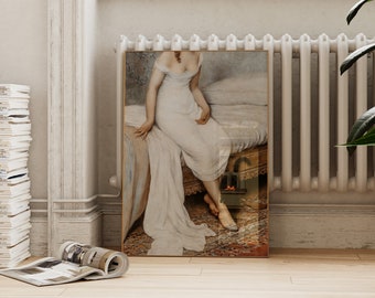 Dipinto di donna con gatto / Decorazione da parete per camera da letto / Arte vittoriana vintage / Ritratto di ragazza romantica in abito / Download digitale ArtSaltPlace