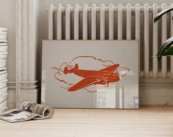Retro Red Airplane Nursery Art Print: Vintage Transportation (Digital Download)