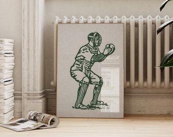 May include: A vintage illustration of a baseball catcher in a green and white uniform, wearing a catcher's mask and holding a baseball mitt. The illustration is printed on a light gray background.