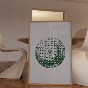 Vintage vertical golf print. Illustration of a green golf ball. Retro halftone look on an off white old looking paper texture. Perfect for kids room, boys or girls nurseries, or sports and golf enthusiasts.