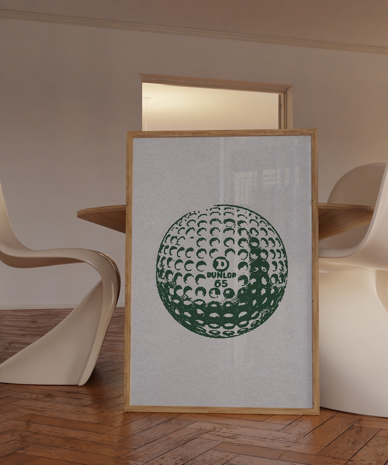 Vintage vertical golf print. Illustration of a green golf ball. Retro halftone look on an off white old looking paper texture. Perfect for kids room, boys or girls nurseries, or sports and golf enthusiasts.