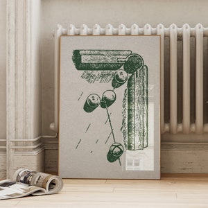 Könnte beinhalten: Eine Vintage-Illustration eines grünen Billardtisches mit Kugeln und einem Queue. Die Illustration ist auf einem hellgrauen Hintergrund gedruckt.
