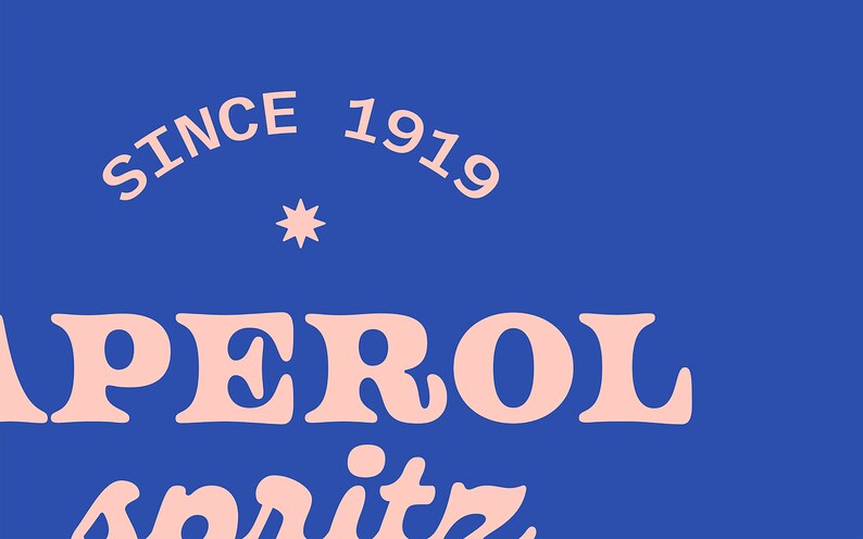 May include: A pink and white logo on a blue background. The logo says "Aperol Spritz" and "Since 1919".