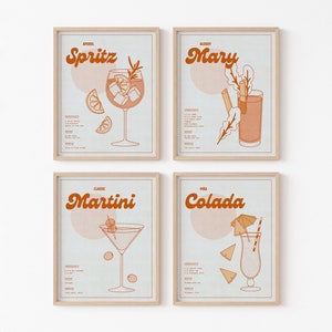 4er Set bunte Cocktail-Drucke | Vintage inspirierte Rezept zum Ausdrucken | Retro Cocktailglas Poster | Bar Warenkorb Wand Kunst | Digitaler Download