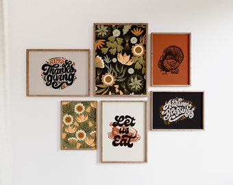 Pared de la galería de Acción de Gracias / Conjunto de 6 impresiones de otoño / Decoración del hogar con temática de otoño / Arte imprimible de Turquía / Descarga digital de patrón floral