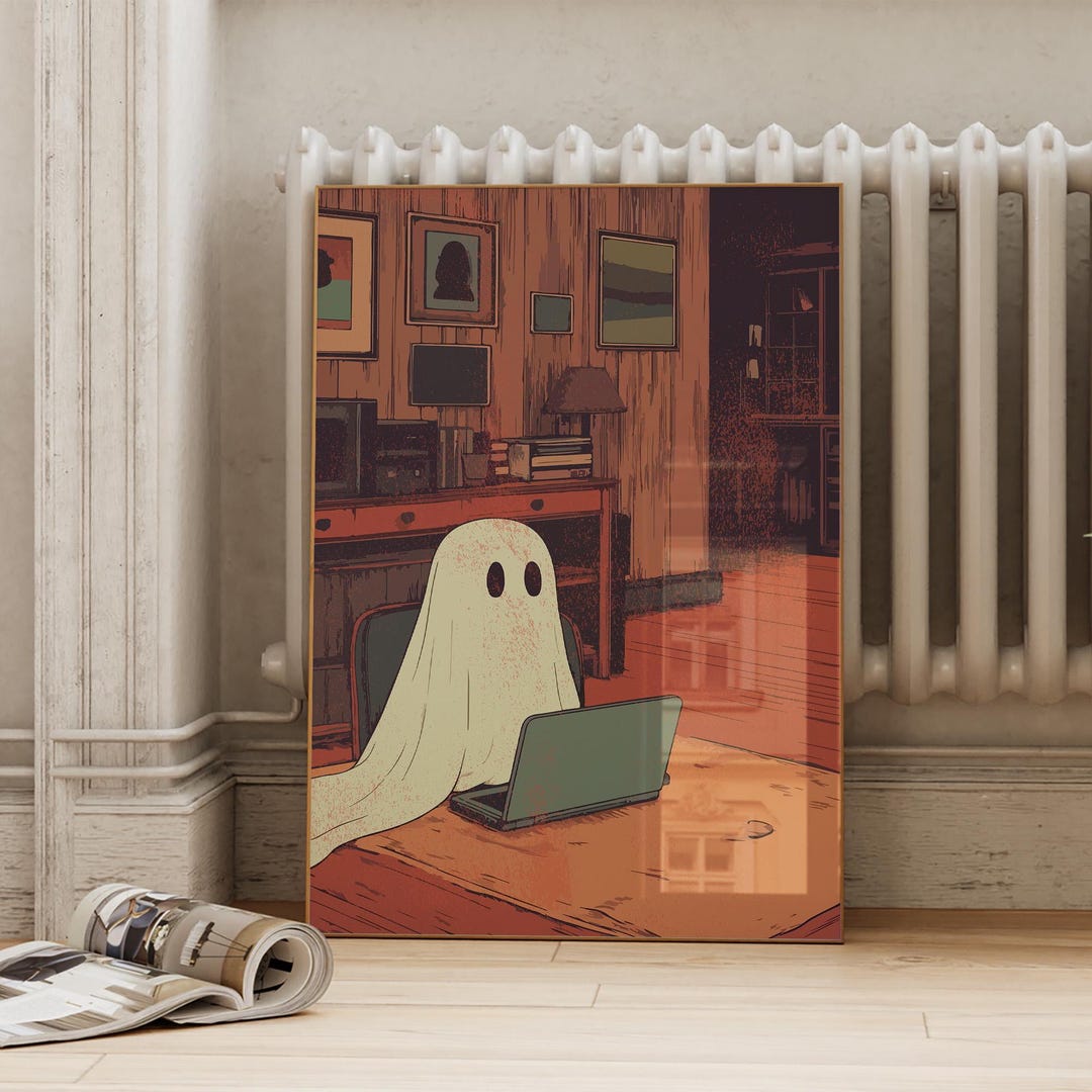 Silly Ghost Using Computer Funny Ghost on Laptop Print: Mid Century Modern Halloween Decor ...