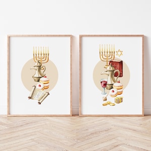 Set van 2 tempeldecoratie printables, Joodse decoraties, tempel Menorah kunst aan de muur, aquarel Chanoeka illustraties, Hebreeuwse Davidster