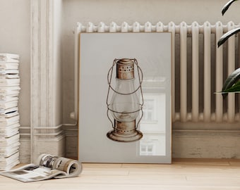 Vintage Lantern Print | Rustic Antique Drawing | Earth Tone Wall Art Neutral Home Decor | Minimalist Sketch | ArtSaltPlace Digital Download