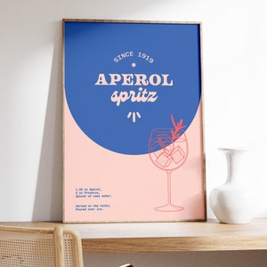 May include: A blue and pink poster with the text "SINCE 1919 APEROL spritz" and a line drawing of a glass of Aperol spritz. The recipe is listed below the image: "1.25 oz Aperol, 2 oz Prosecco, Splash of soda water. Served on the rocks; Poured over ice."