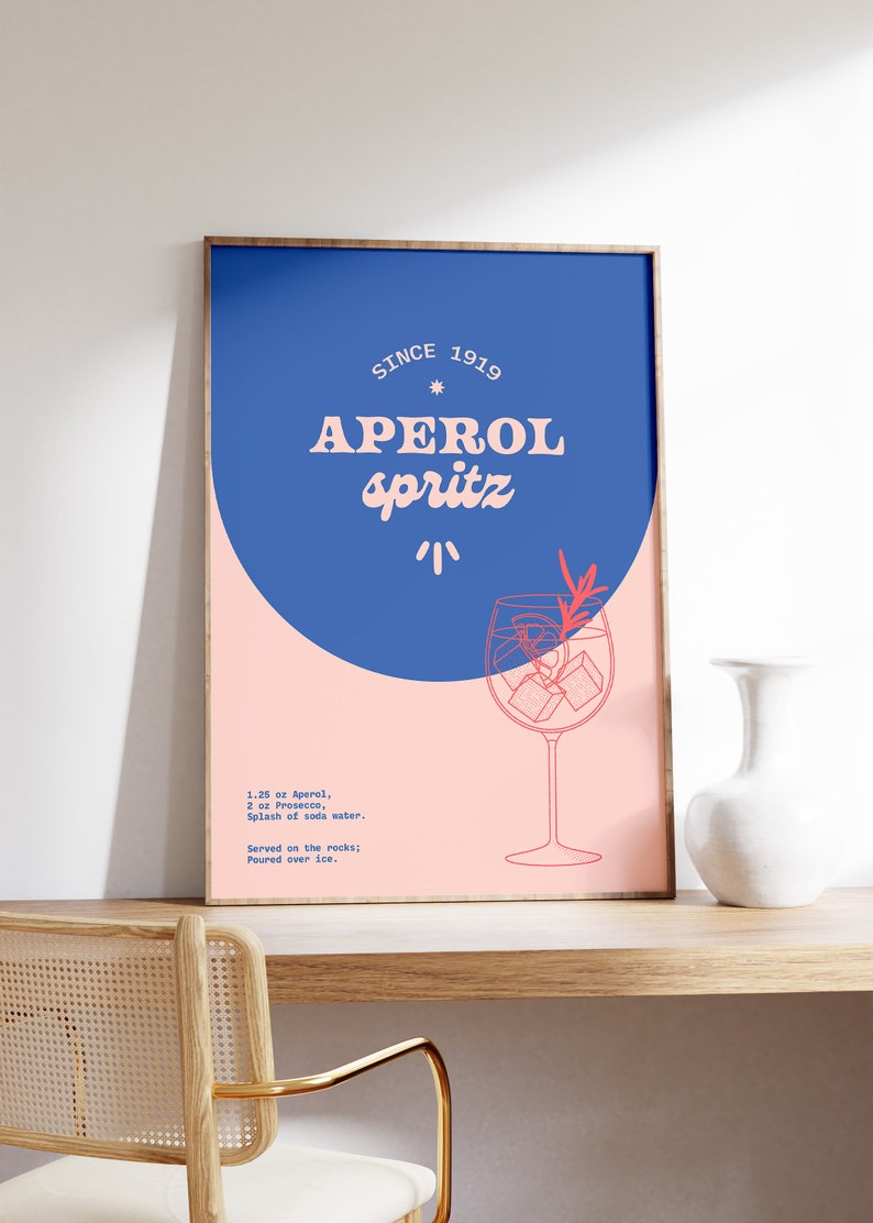 May include: A blue and pink poster with the text "SINCE 1919 APEROL spritz" and a line drawing of a glass of Aperol spritz. The recipe is listed below the image: "1.25 oz Aperol, 2 oz Prosecco, Splash of soda water. Served on the rocks; Poured over ice."