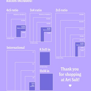May include: A lilac-colored print featuring various aspect ratios for artwork, including 4x5, 3x4, and 2x3, with measurements in inches and centimeters. The print also includes international paper sizes and the text "Thank you for shopping at Art Salt!"
