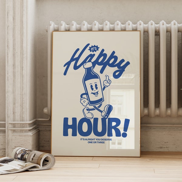 Happy Hour Printable in Retro Blue | Bar Cart Wall Art Decor | Vintage Inspired Cocktail Bottle Poster | Digital Download