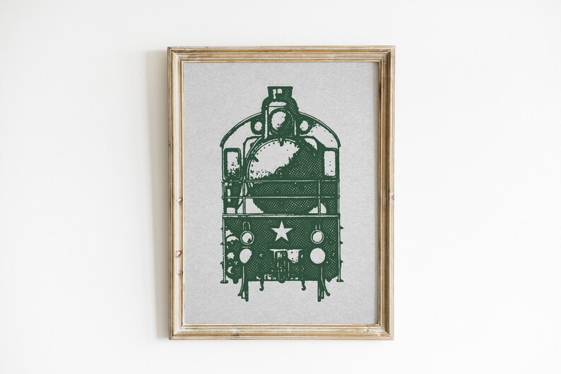 Set of 10 horizontal and vertical retro halftone train prints in green. Vintage railroad train illustrations. Perfect for a girls or boys nursery, kids room, or railroad transportation enthusiast.