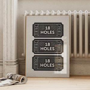 Arte de pared de boletos de 18 hoyos / Impresión de golf retro / Decoración deportiva vintage en blanco y negro / Cartel atlético de los años 50 / Descarga digital ArtSaltPlace