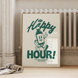 Happy Hour Printable in Retro Green | Bar Cart Wall Art Decor | Vintage Inspired Cocktail Bottle Poster | Digital Download