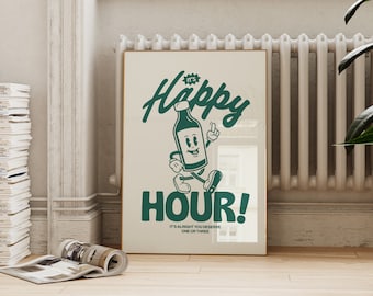Retro Green Happy Hour Print: Vintage Bar Cart Decor (Digital Download)