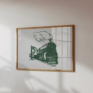 Set of 10 horizontal and vertical retro halftone train prints in green. Vintage railroad train illustrations. Perfect for a girls or boys nursery, kids room, or railroad transportation enthusiast.