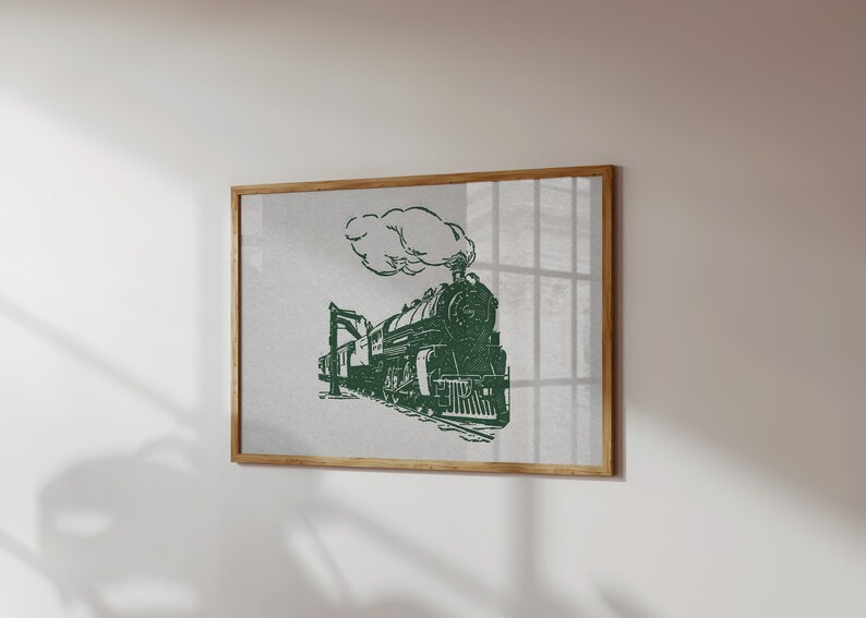 Set of 10 horizontal and vertical retro halftone train prints in green. Vintage railroad train illustrations. Perfect for a girls or boys nursery, kids room, or railroad transportation enthusiast.