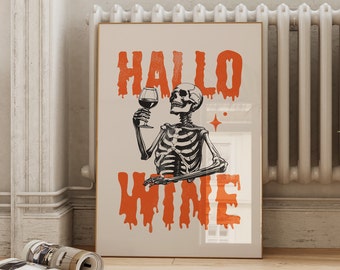 Hallowine-skeletkunstdruk: grappig Halloween-barwagendecor (digitale download)