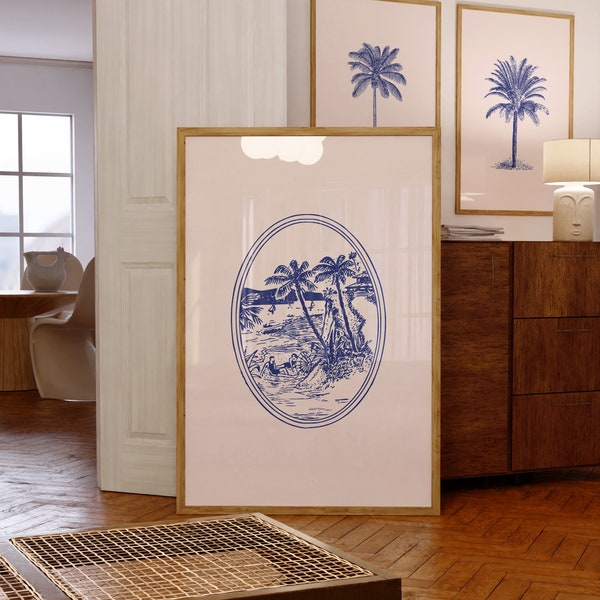 Set of 3 Vintage Blue Tropical Prints | Coastal Wall Decor | Palm Tree Art | Retro Beach Wall Art | Minimalist ArtSaltPlace Digital Download