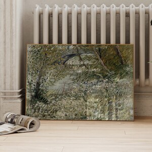 May include: A framed painting of a landscape with a bridge in the distance. The painting is done in a style reminiscent of impressionism, with brushstrokes that create a sense of movement and light. The colors are muted and earthy, with shades of green, brown, and blue.