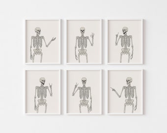 Set of 6 Beige Skeleton Printables | Minimalist Halloween Gallery Wall | Skull Prints for Halloween | ArtSaltPlace Digital Download