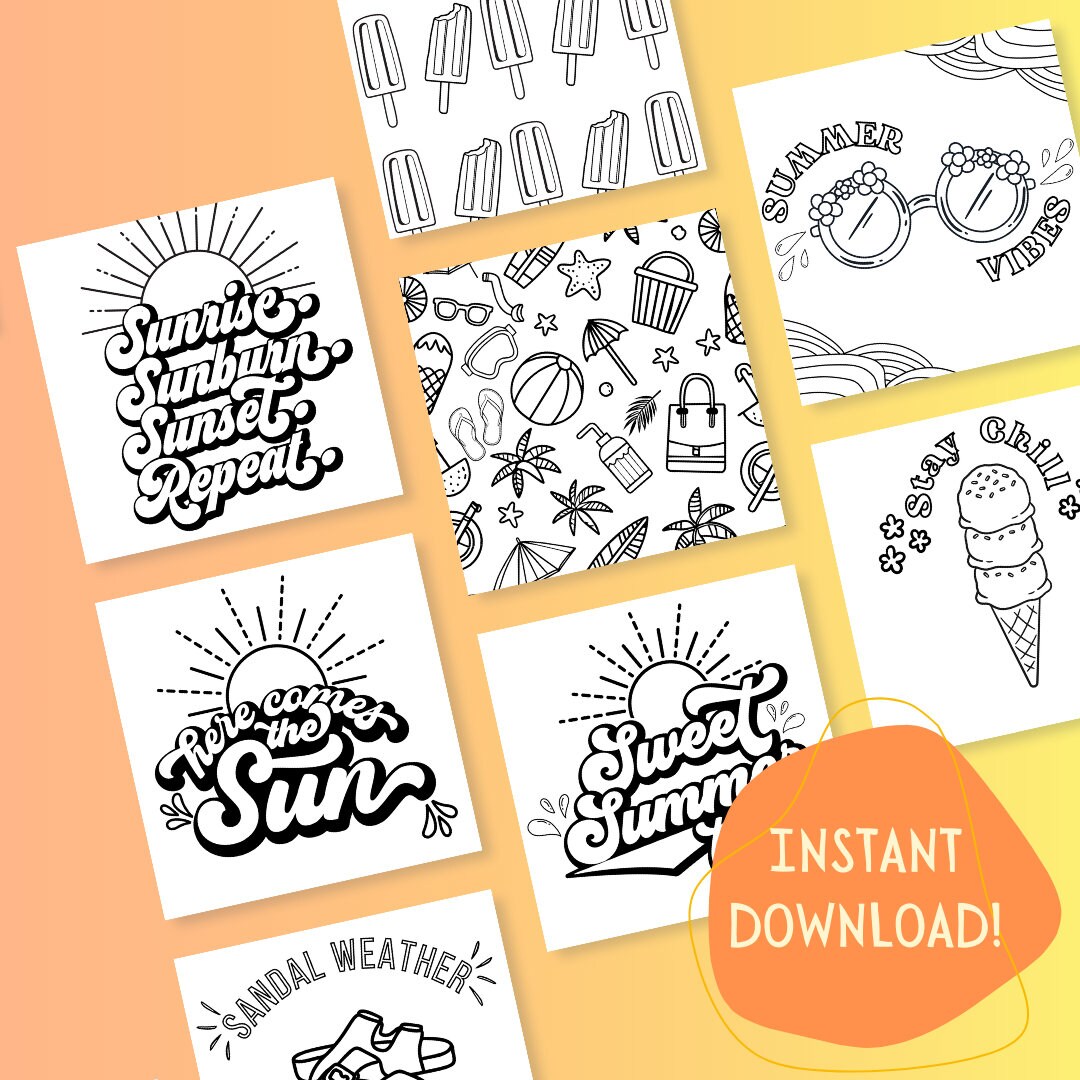 Summer | 8 Coloring Pages | Printable | Instant Download - Etsy