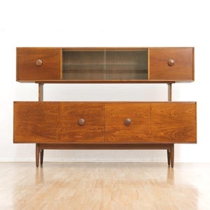 Mid Century British Elm Sideboard Hutch | Vintage MCM Display Cabinet | Danish Modern Style Credenza | Retro Storage Unit