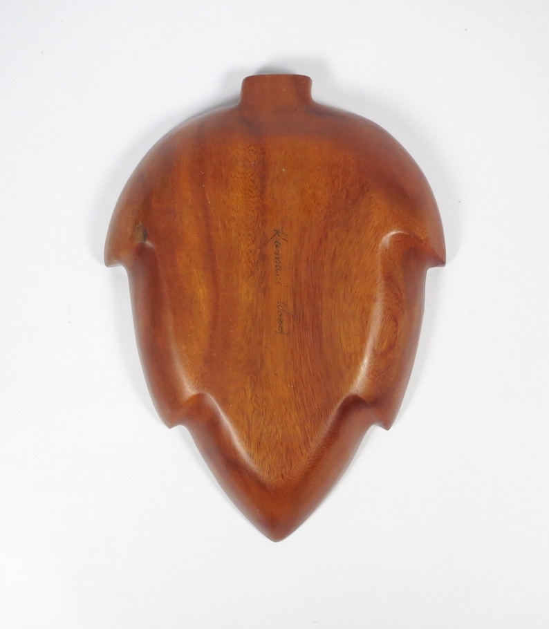 Mid Century Kamari Wood Vintage Tiki Leaf Shape Teak Monkey Pod TrayBowlBowl Boho