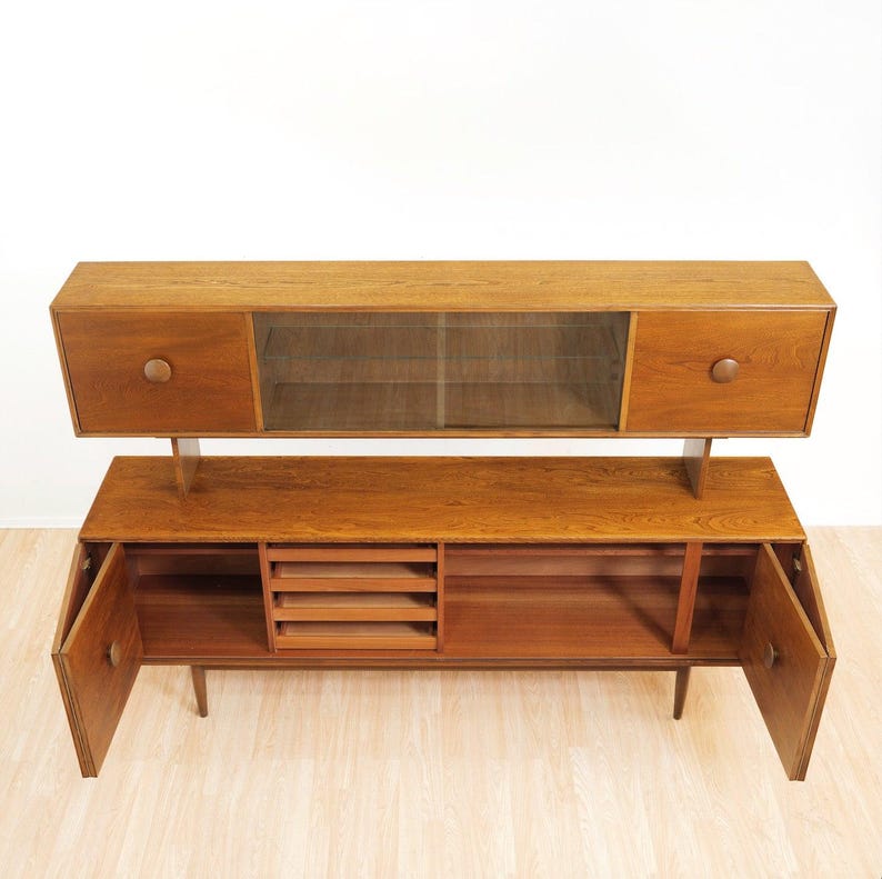 Mid Century British Elm Sideboard Hutch | Vintage MCM Display Cabinet | Danish Modern Style Credenza | Retro Storage Unit